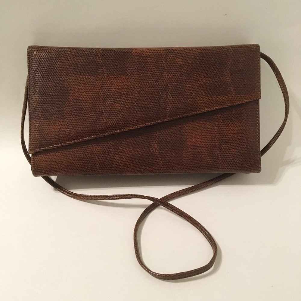 Brown Faux Snakeskin Purse Shoulder Bag Clutch Handbag Black Fabric Lined